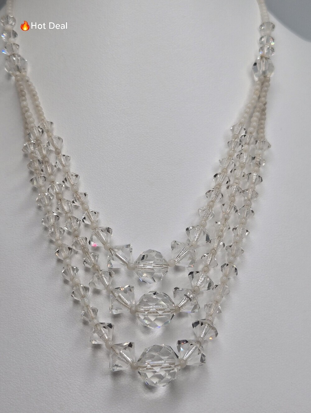 Vintage Aurora Borealis AB Crystal 3 Strand Necklace Sterling Silver Clasp 15"